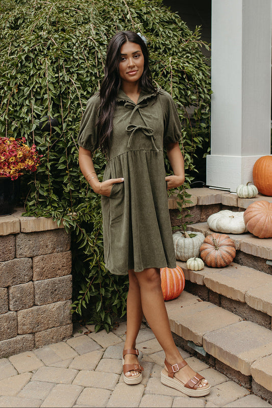 THE OPHELIA V-NECK DRESS IN OLIVE