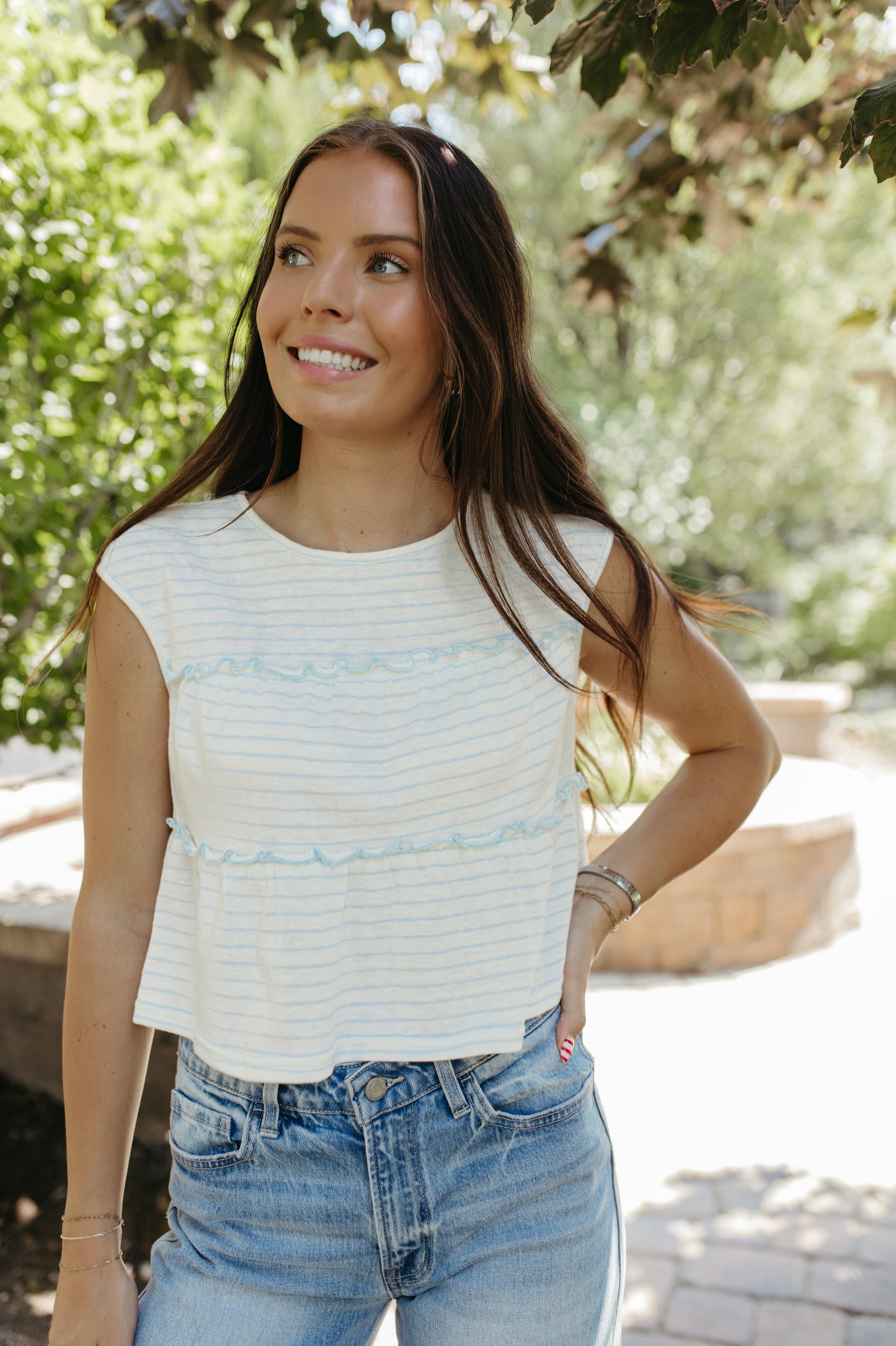 THE DENVER STRIPED TIERED SLEEVELESS TOP IN BLUE