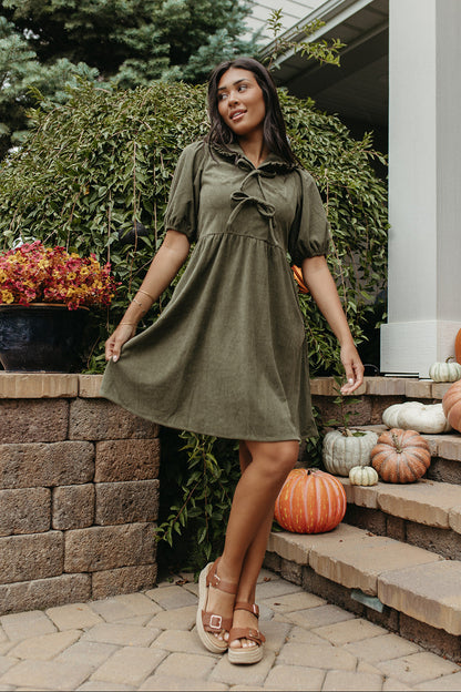 THE OPHELIA V-NECK DRESS IN OLIVE