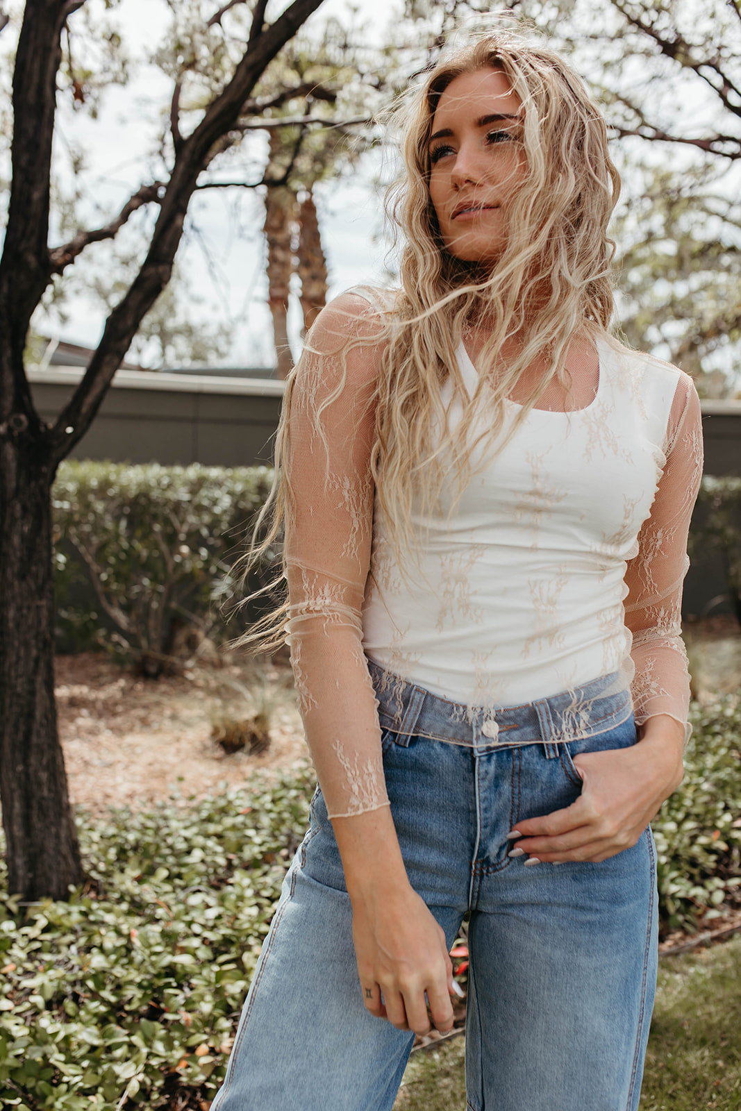 THE FLORANCE FLORAL MESH LAYERING LONG SLEEVE IN BEIGE