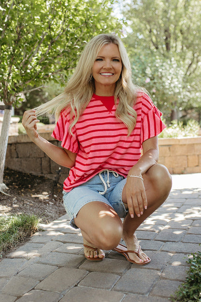 THE ZELLA RUFFLE SLEEVE STRIPE KNIT TOP IN PINK/RED