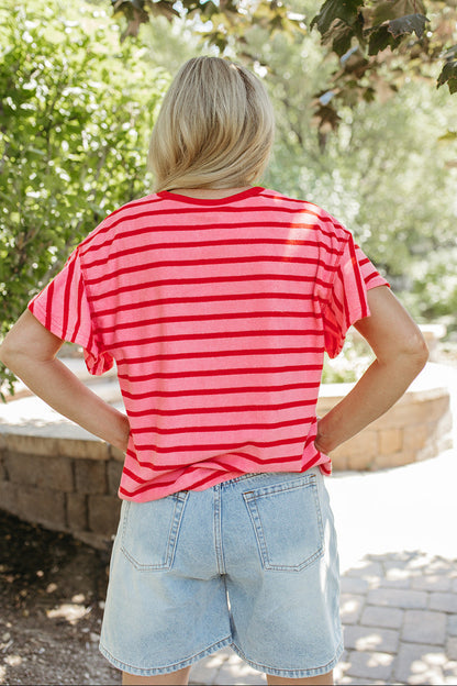 THE ZELLA RUFFLE SLEEVE STRIPE KNIT TOP IN PINK/RED