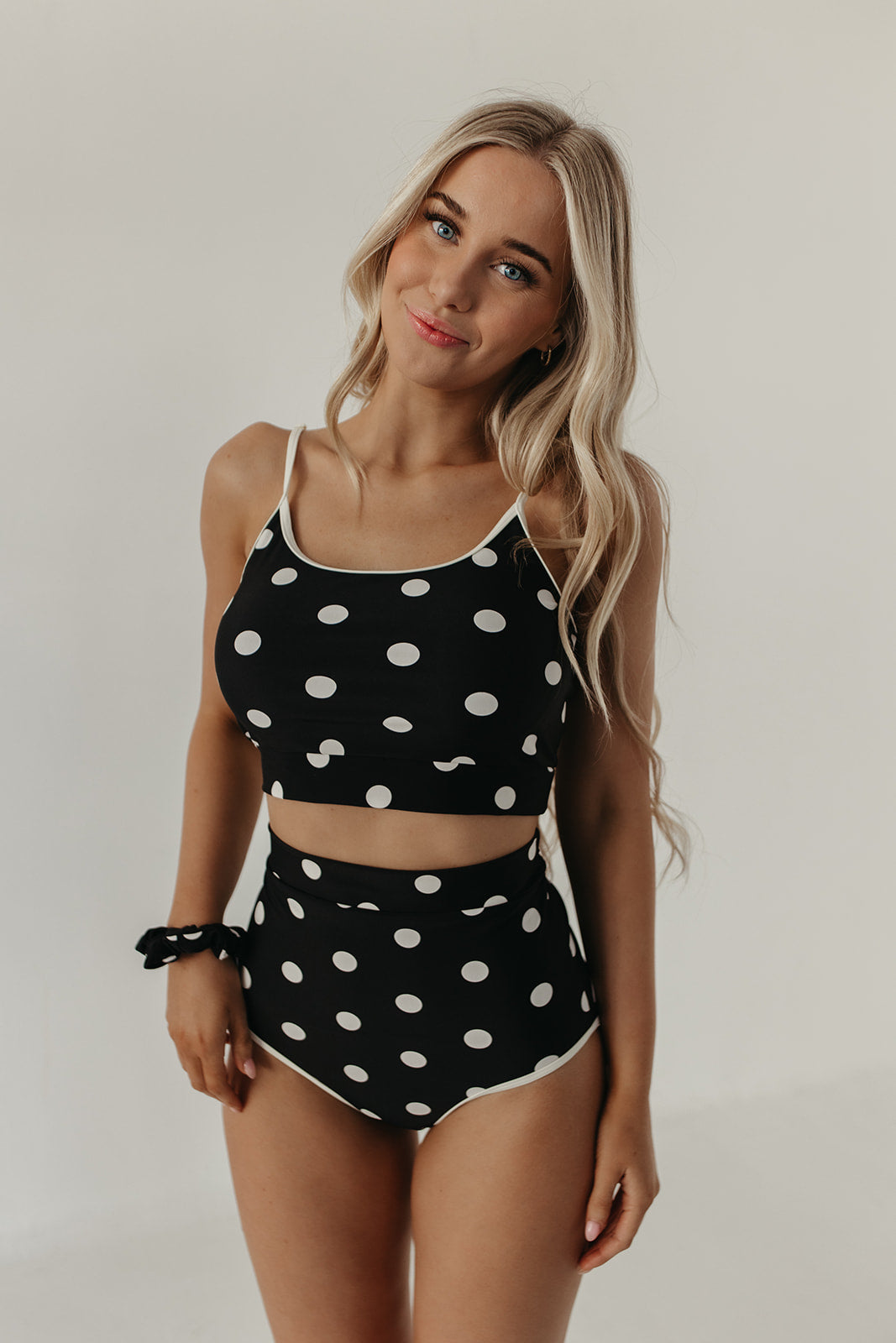 CONTRAST TRIM SWIM TOP IN DOTS BY PINK DESERT
