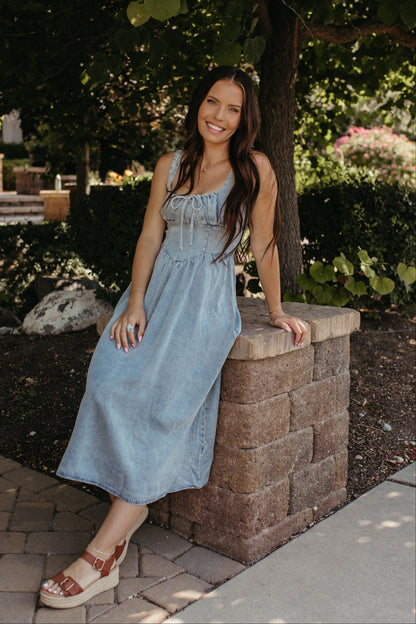 THE ADELE WASHED DENIM MIDI DRESS IN CHAMBRAY