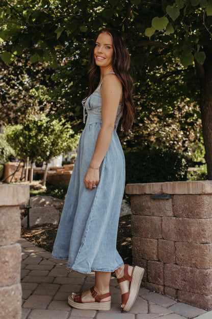 THE ADELE WASHED DENIM MIDI DRESS IN CHAMBRAY