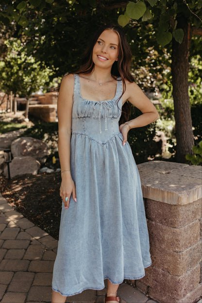 THE ADELE WASHED DENIM MIDI DRESS IN CHAMBRAY