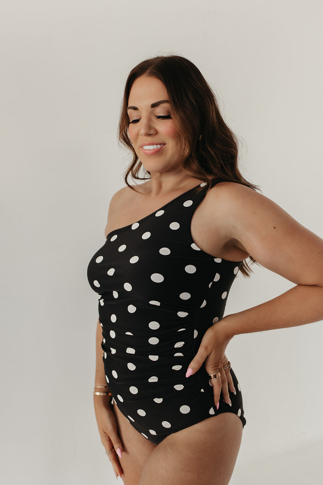 RUCHED ONE SHOULDER ONE PIECE IN DOTS BY PINK DESERT