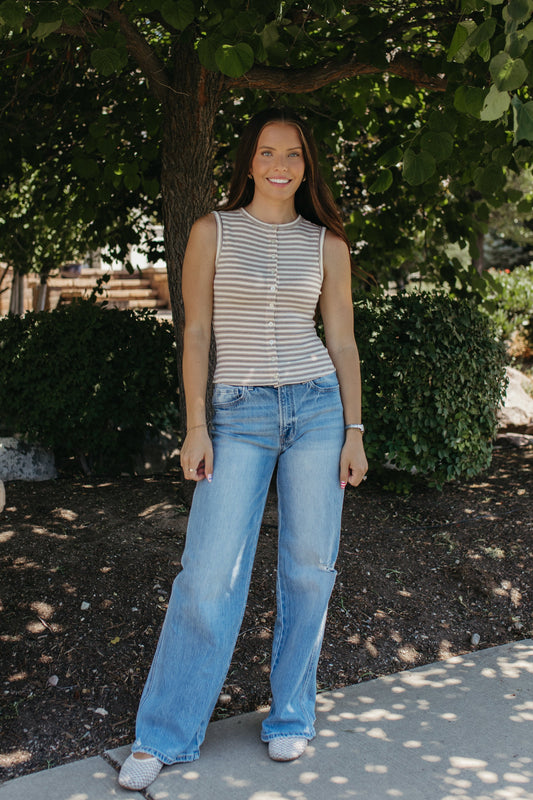 THE GUINEVERE STRIPED SLEEVELESS BUTTON TANK IN IVORY
