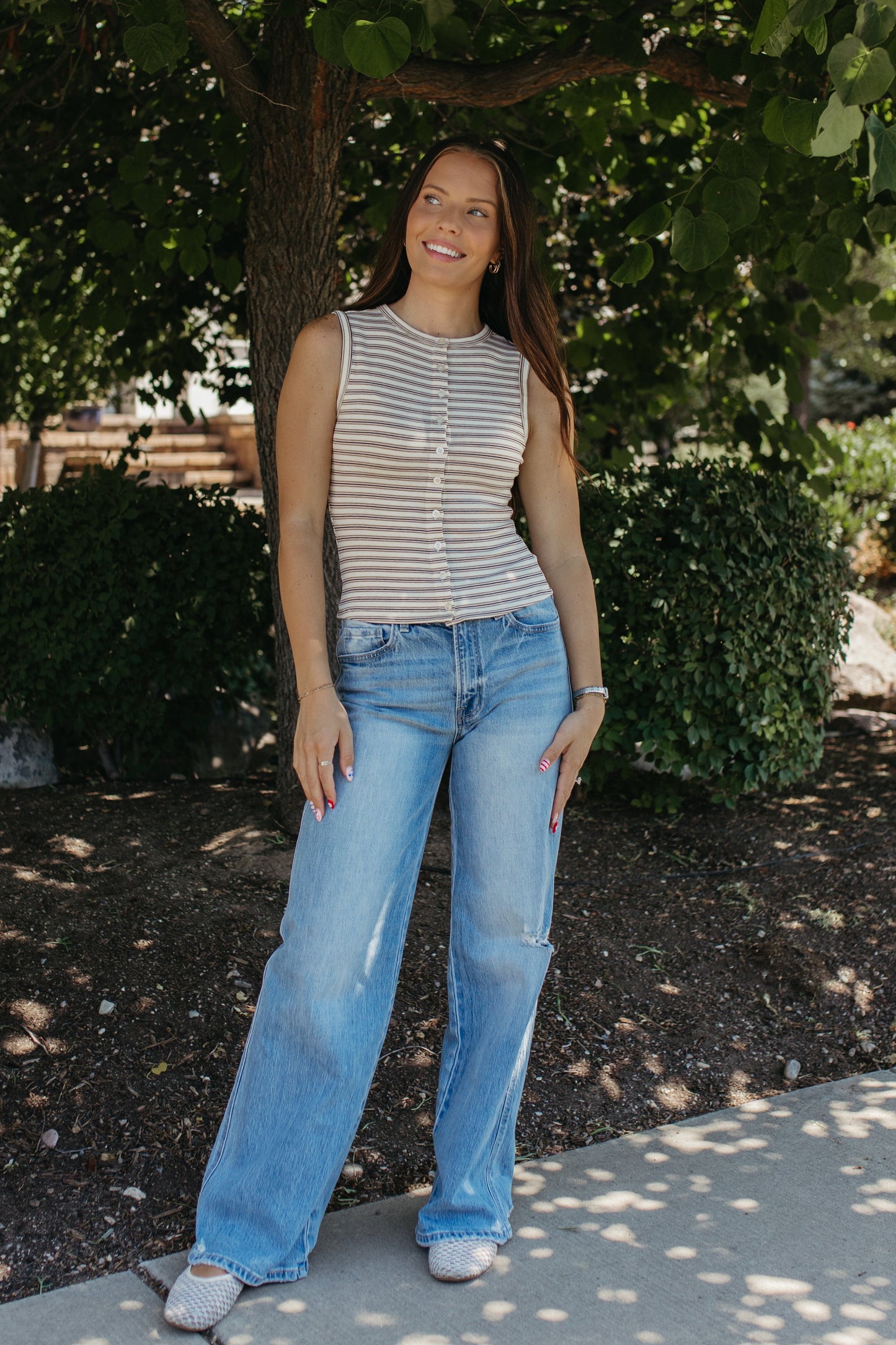 THE GUINEVERE STRIPED SLEEVELESS BUTTON TANK IN IVORY