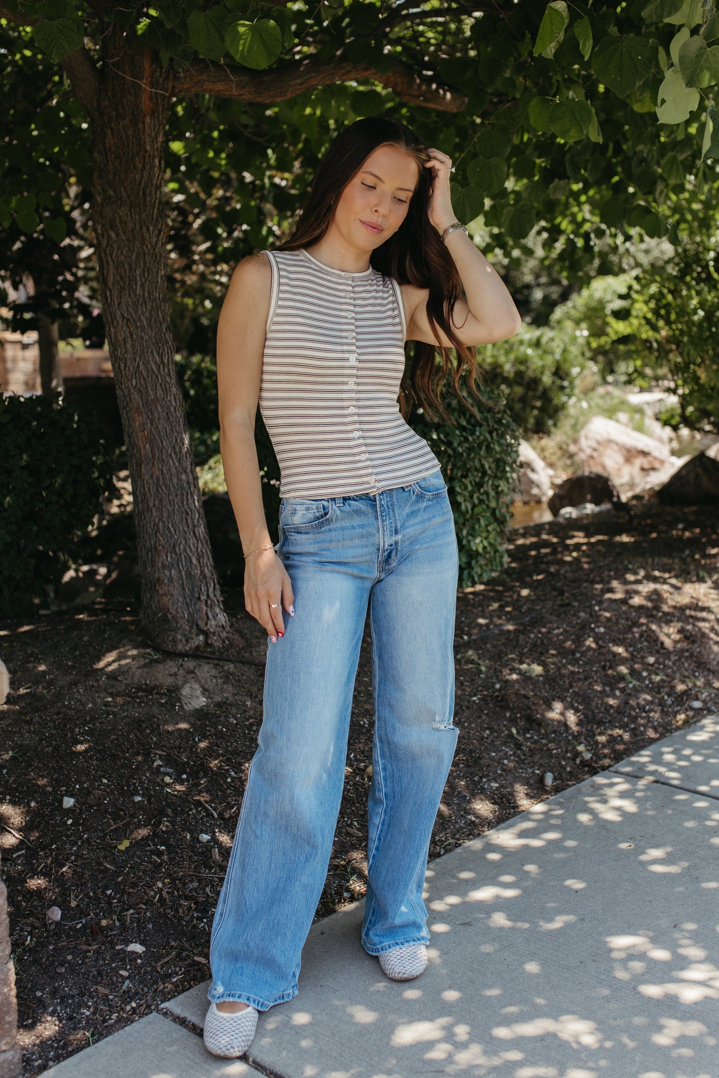 THE GUINEVERE STRIPED SLEEVELESS BUTTON TANK IN IVORY