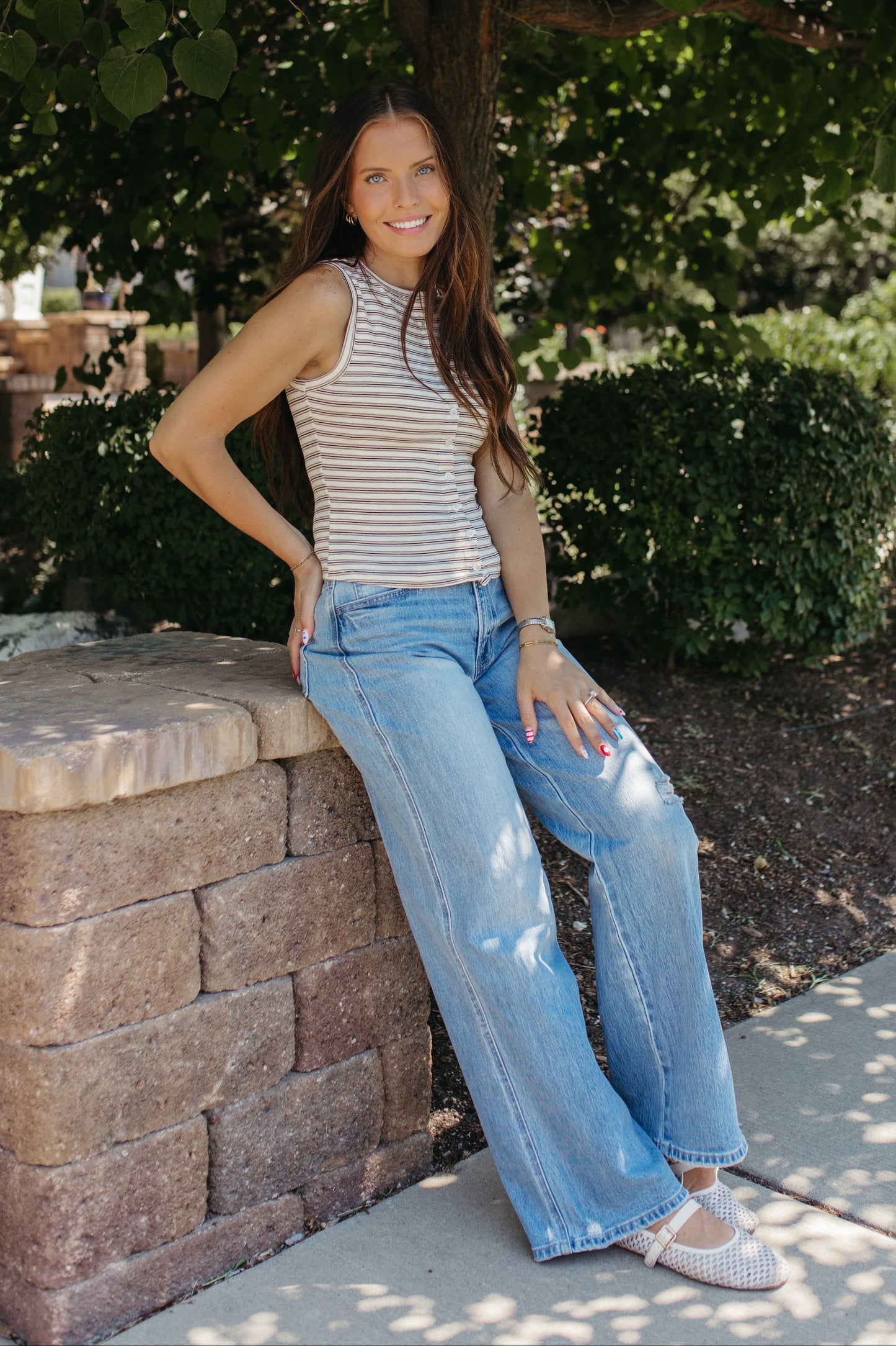 THE GUINEVERE STRIPED SLEEVELESS BUTTON TANK IN IVORY