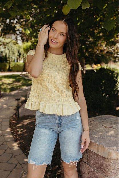 THE CLAUDIA RUCHED RUFFLED HEM TOP IN YELLOW