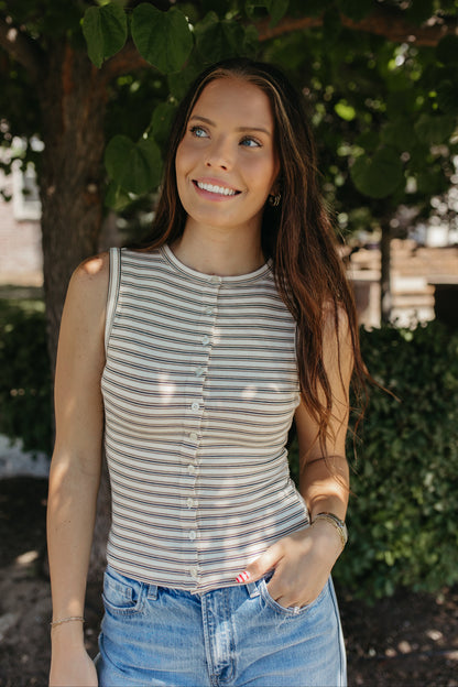 THE GUINEVERE STRIPED SLEEVELESS BUTTON TANK IN IVORY
