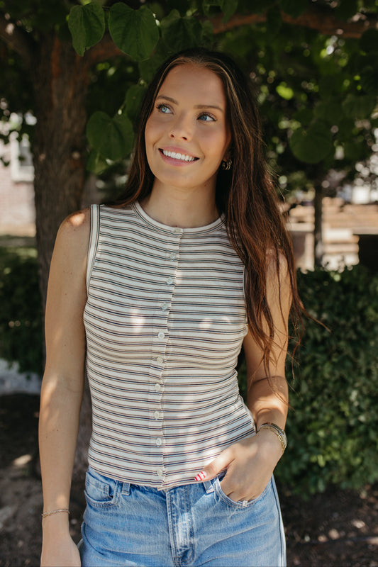 THE GUINEVERE STRIPED SLEEVELESS BUTTON TANK IN IVORY