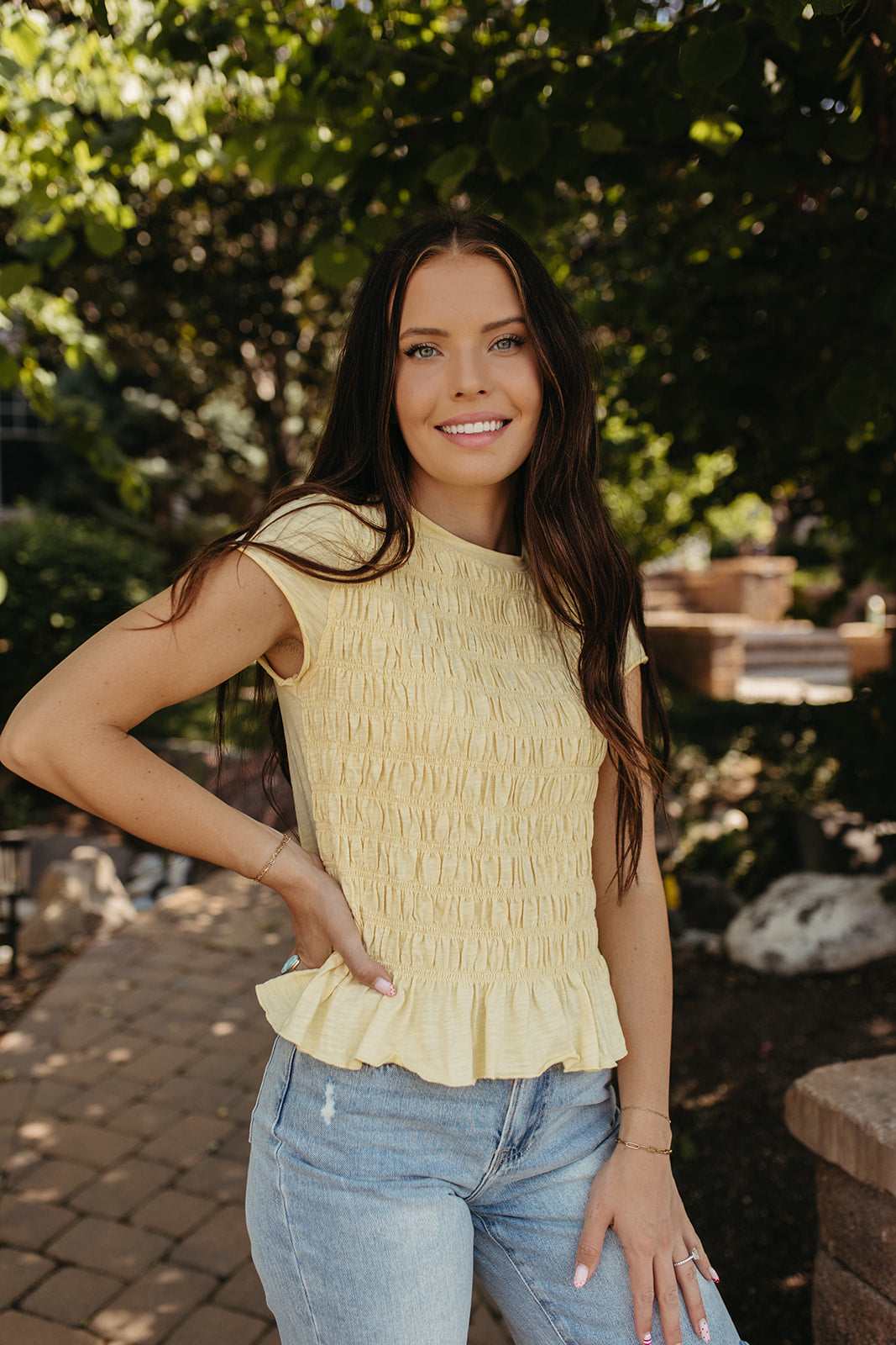 THE CLAUDIA RUCHED RUFFLED HEM TOP IN YELLOW