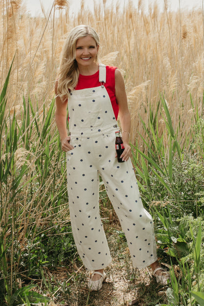 THE JOURNEE POLKA DOT RELAXED OVERALLS IN NAVY