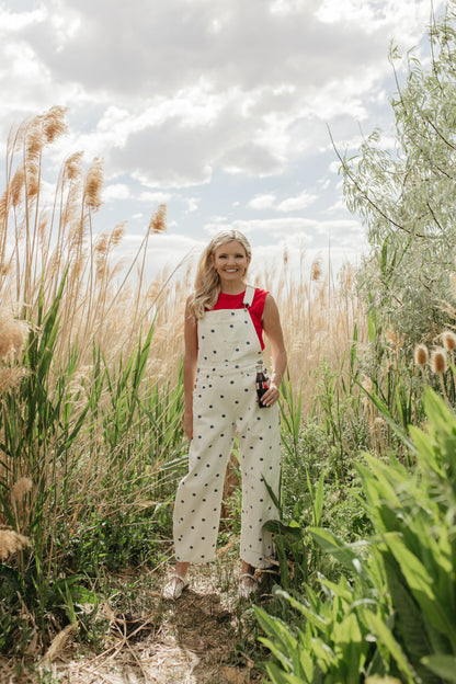 THE JOURNEE POLKA DOT RELAXED OVERALLS IN NAVY