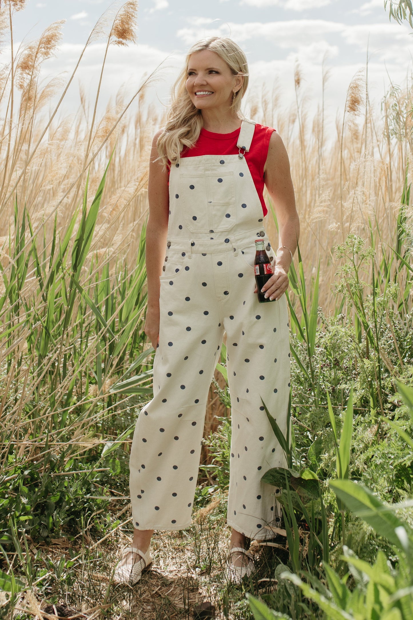 THE JOURNEE POLKA DOT RELAXED OVERALLS IN NAVY