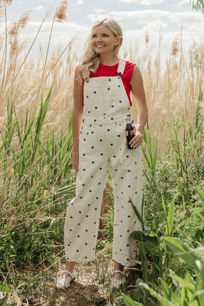 THE JOURNEE POLKA DOT RELAXED OVERALLS IN NAVY