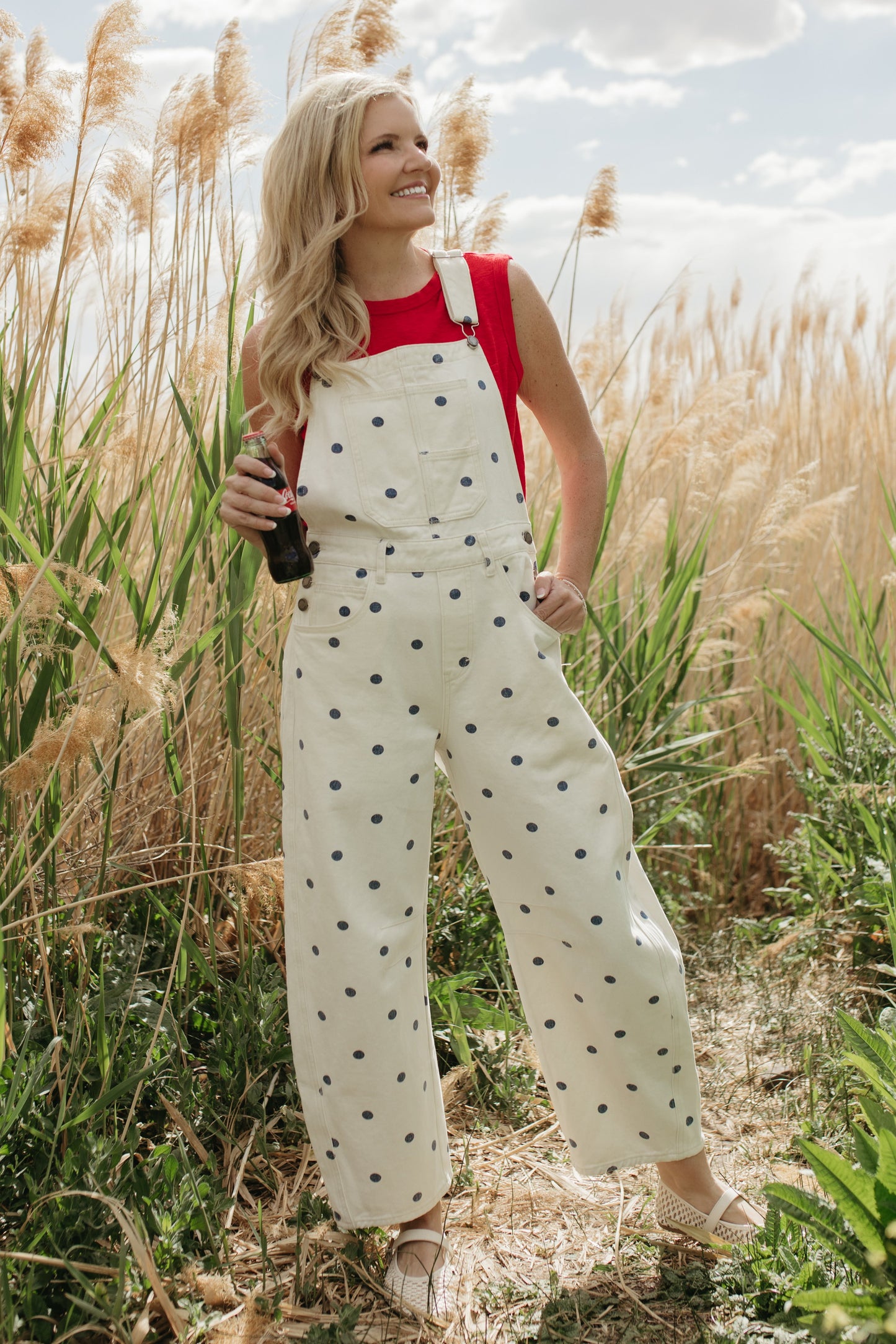 THE JOURNEE POLKA DOT RELAXED OVERALLS IN NAVY
