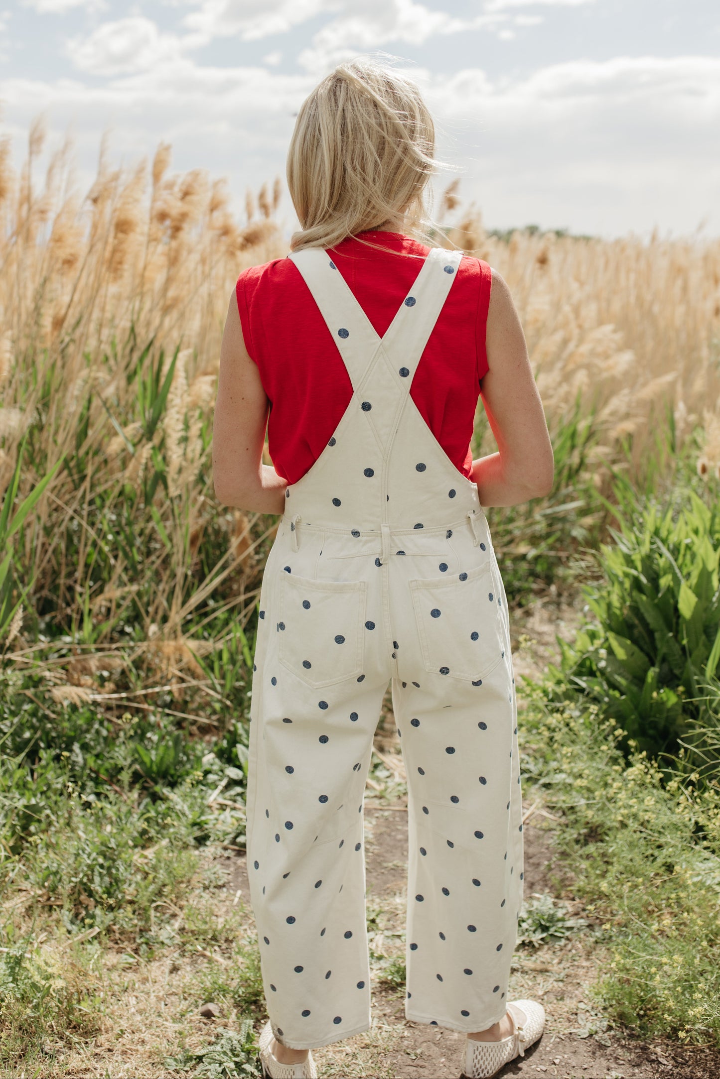 THE JOURNEE POLKA DOT RELAXED OVERALLS IN NAVY