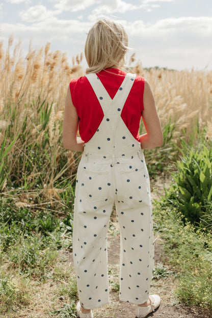 THE JOURNEE POLKA DOT RELAXED OVERALLS IN NAVY