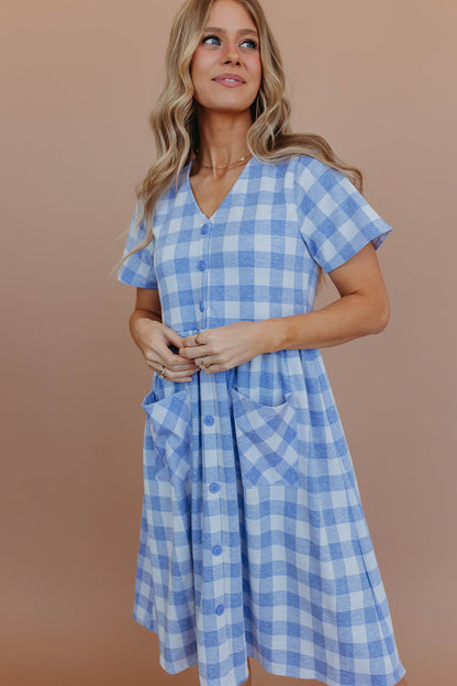 THE BOWIE BUTTON FRONT DRESS IN BLUE GINGHAM