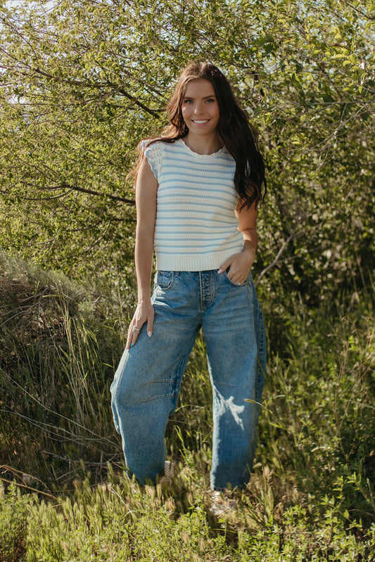 THE CECILY SCALLOPED STRIPED TOP IN BLUE