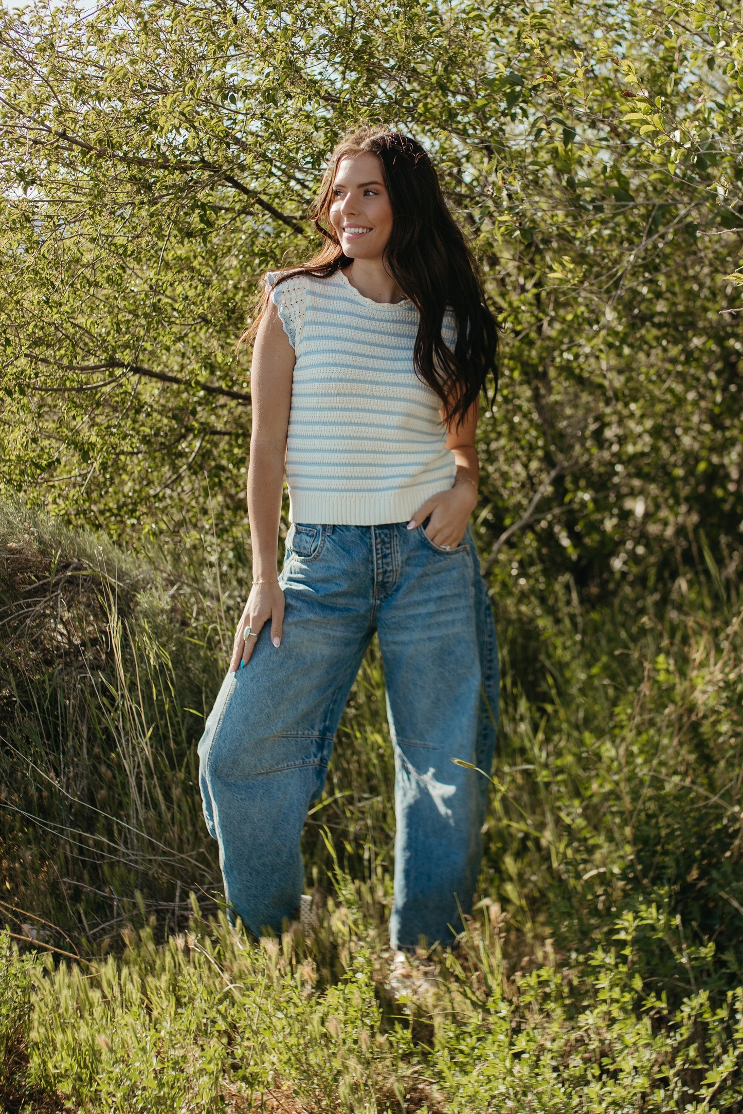 THE CECILY SCALLOPED STRIPED TOP IN BLUE