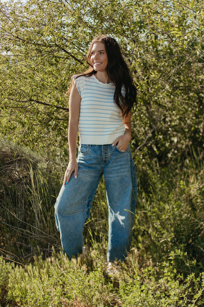 THE CECILY SCALLOPED STRIPED TOP IN BLUE