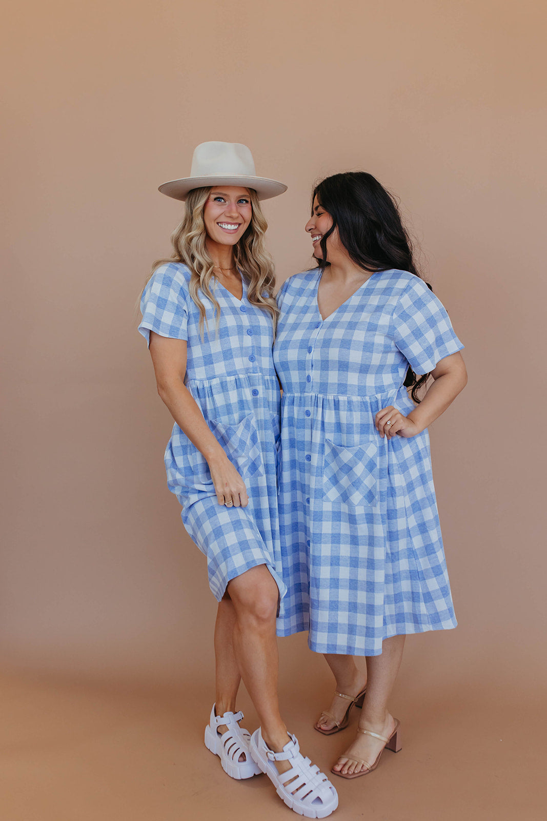 THE BOWIE BUTTON FRONT DRESS IN BLUE GINGHAM