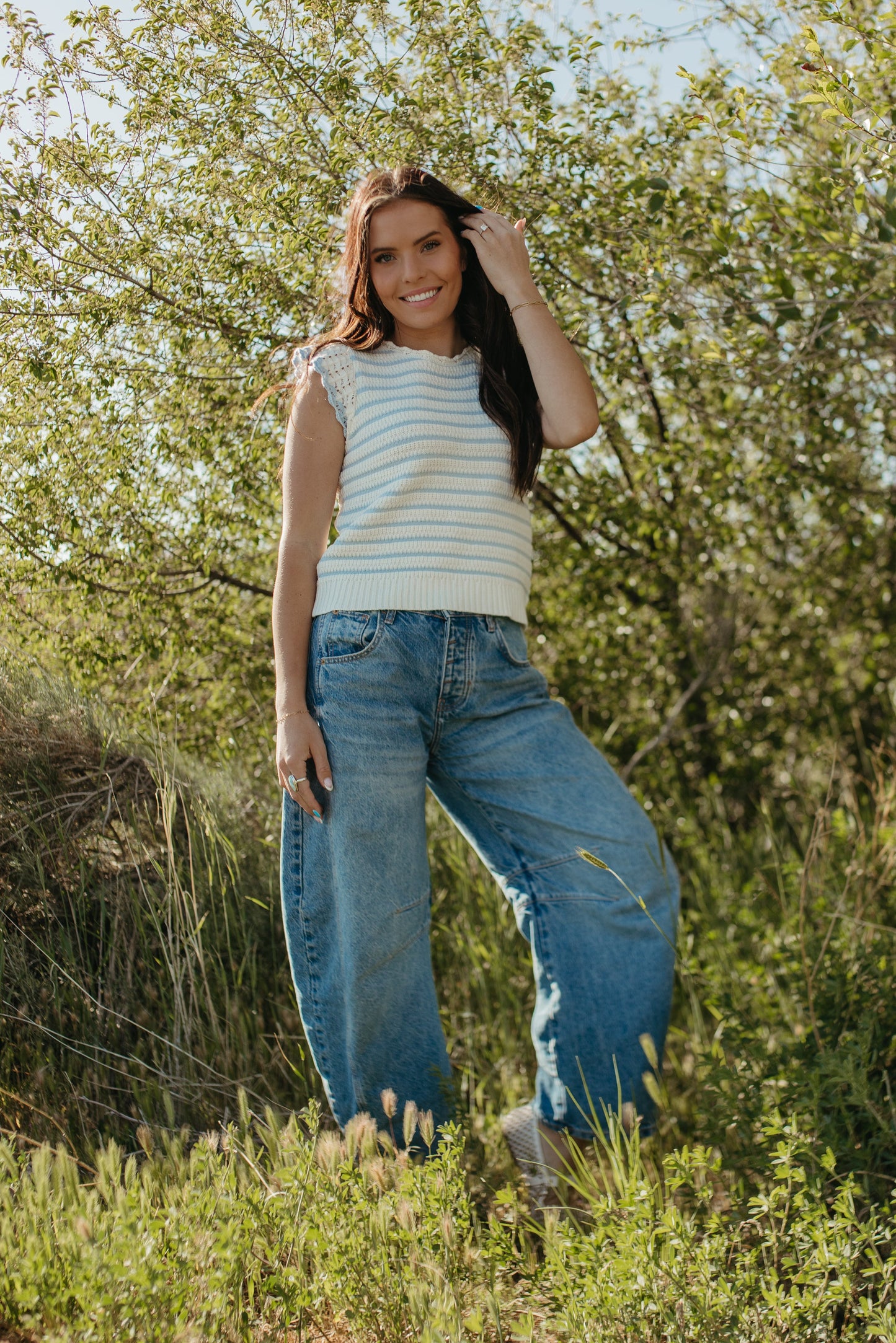 THE CECILY SCALLOPED STRIPED TOP IN BLUE