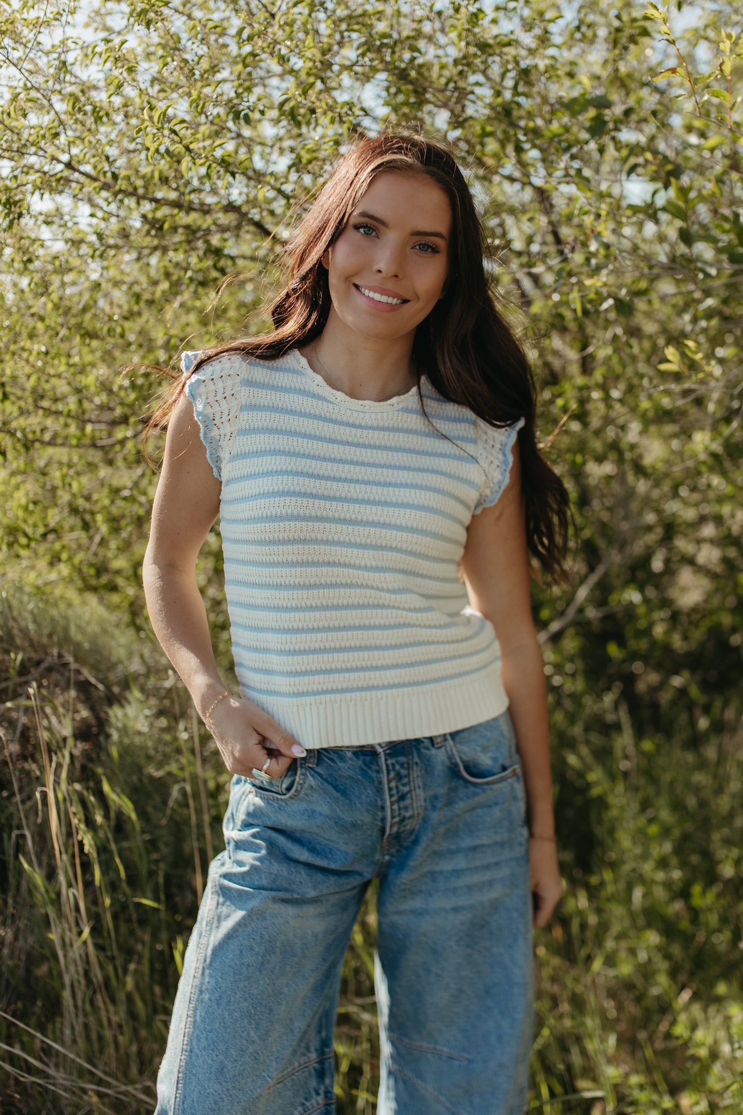 THE CECILY SCALLOPED STRIPED TOP IN BLUE