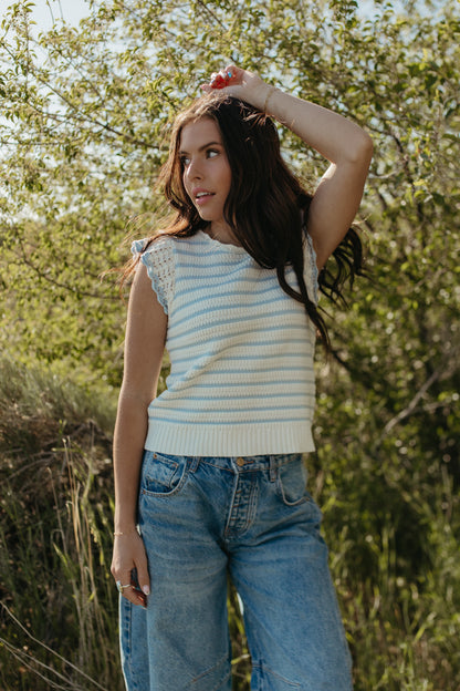 THE CECILY SCALLOPED STRIPED TOP IN BLUE