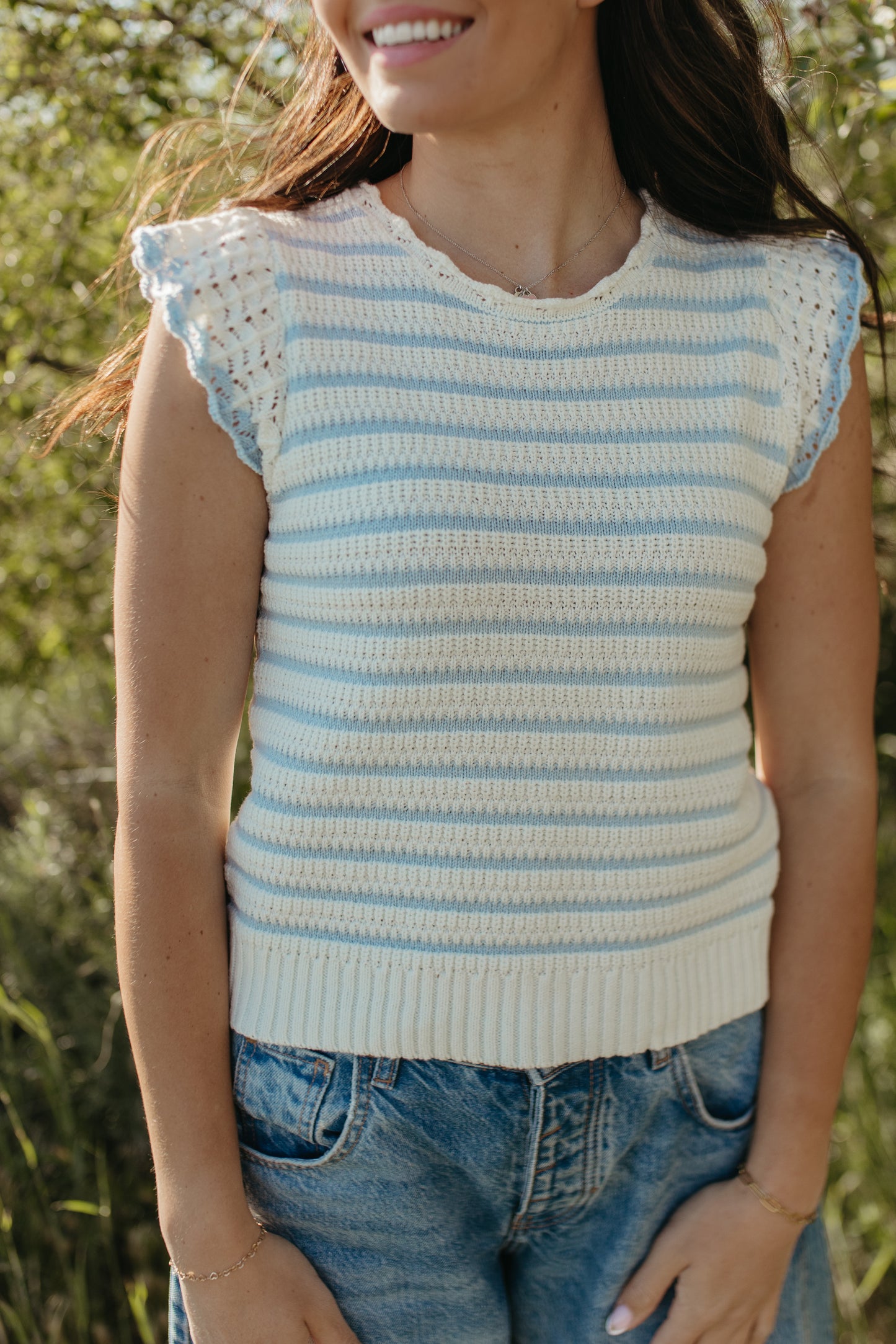 THE CECILY SCALLOPED STRIPED TOP IN BLUE