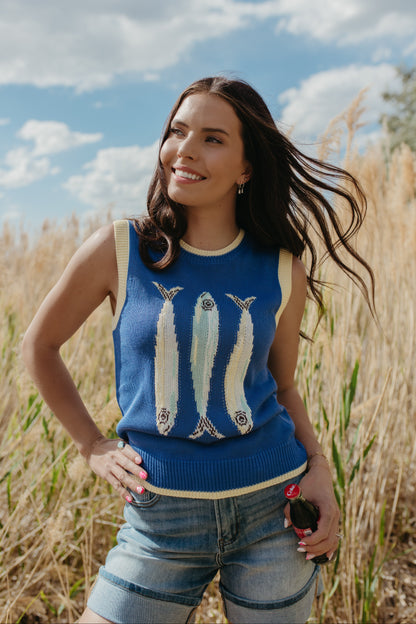 THE SHIRLEY FISH SWEATER IN BLUE