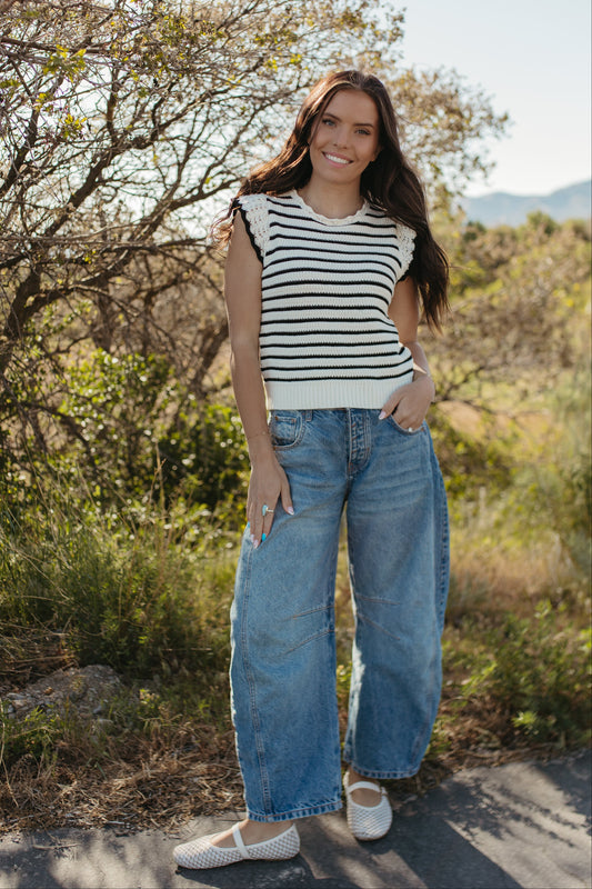 THE CECILY SCALLOPED STRIPED TOP IN BLACK