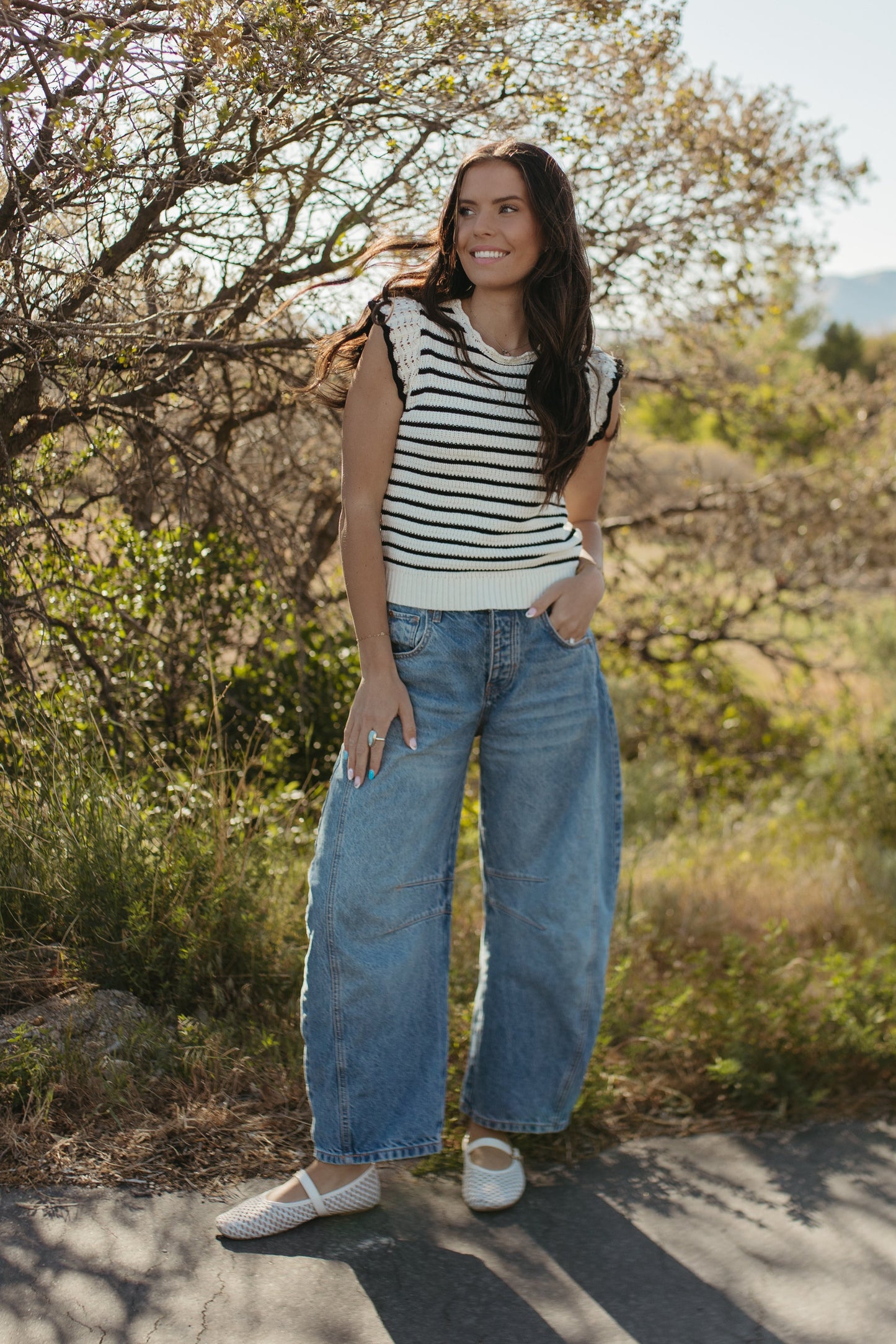 THE CECILY SCALLOPED STRIPED TOP IN BLACK