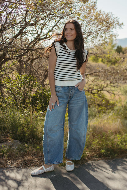 THE CECILY SCALLOPED STRIPED TOP IN BLACK