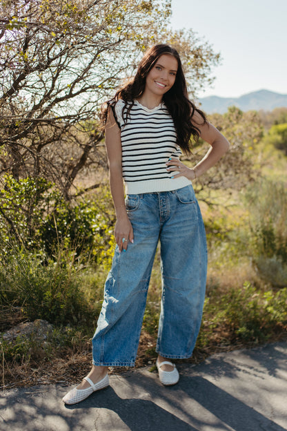 THE CECILY SCALLOPED STRIPED TOP IN BLACK