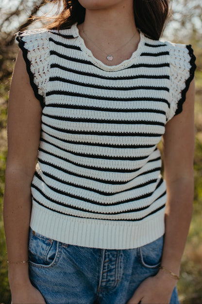 THE CECILY SCALLOPED STRIPED TOP IN BLACK