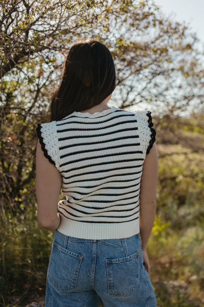 THE CECILY SCALLOPED STRIPED TOP IN BLACK