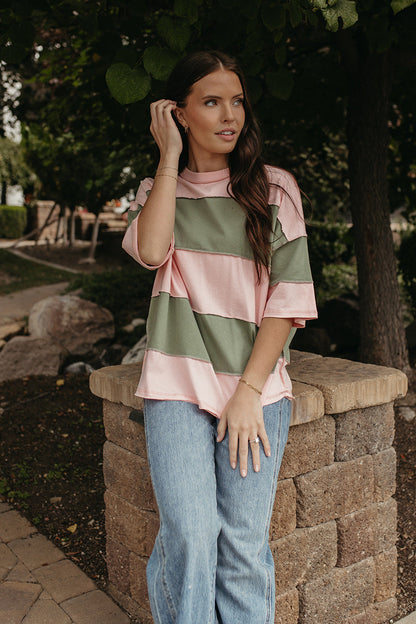 THE LIVVY OVERSIZED STRIPE TEE IN PEONY GREEN
