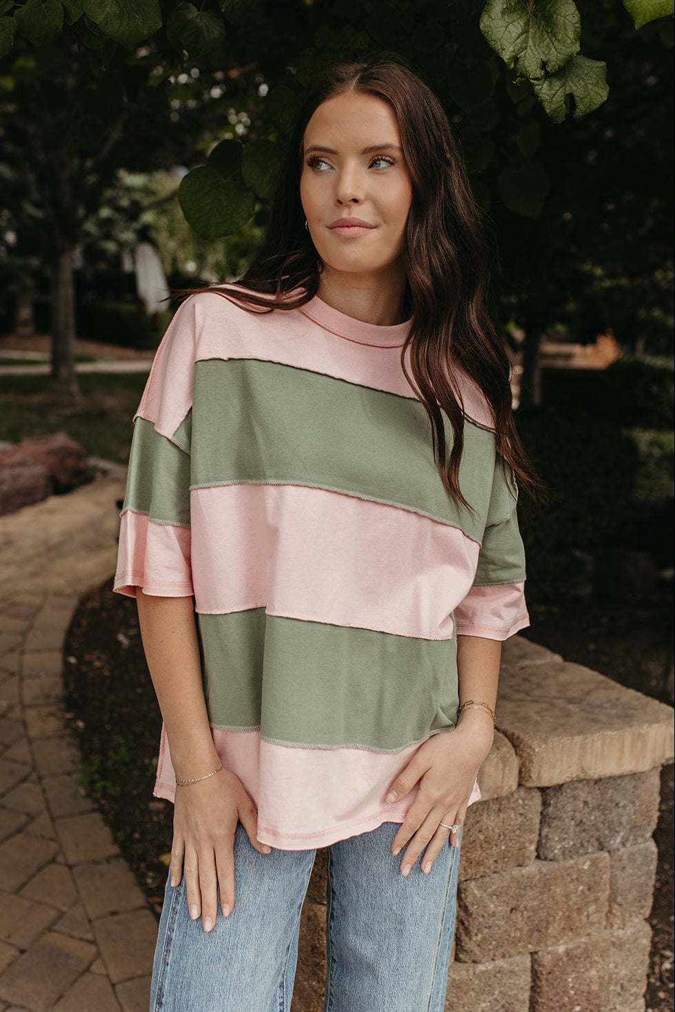 THE LIVVY OVERSIZED STRIPE TEE IN PEONY GREEN