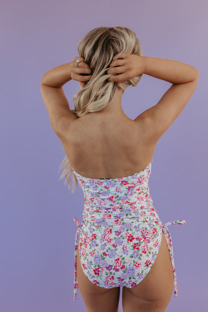 BANDEAU RUCHED ONE PIECE IN CORAL BLOSSOM BY PINK DESERT X SARAH TRIPP