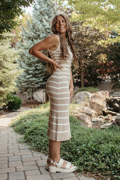 THE NERIAH STRIPED MIDI DRESS IN TAUPE
