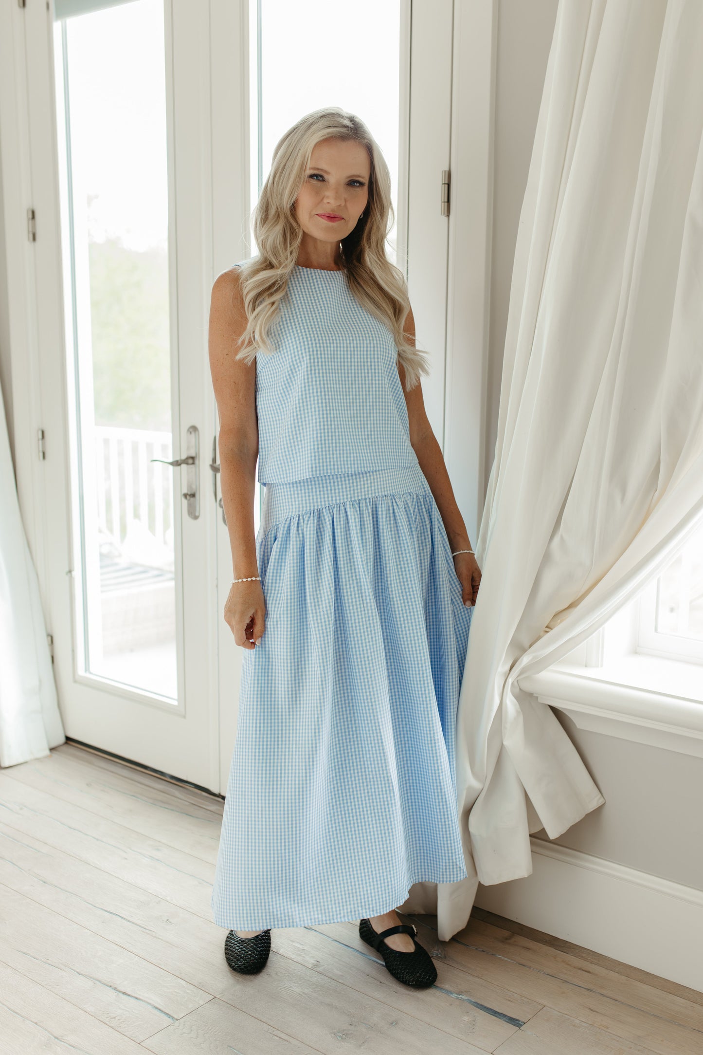 THE PRESLEY GINGHAM TOP IN OCEAN BLUE