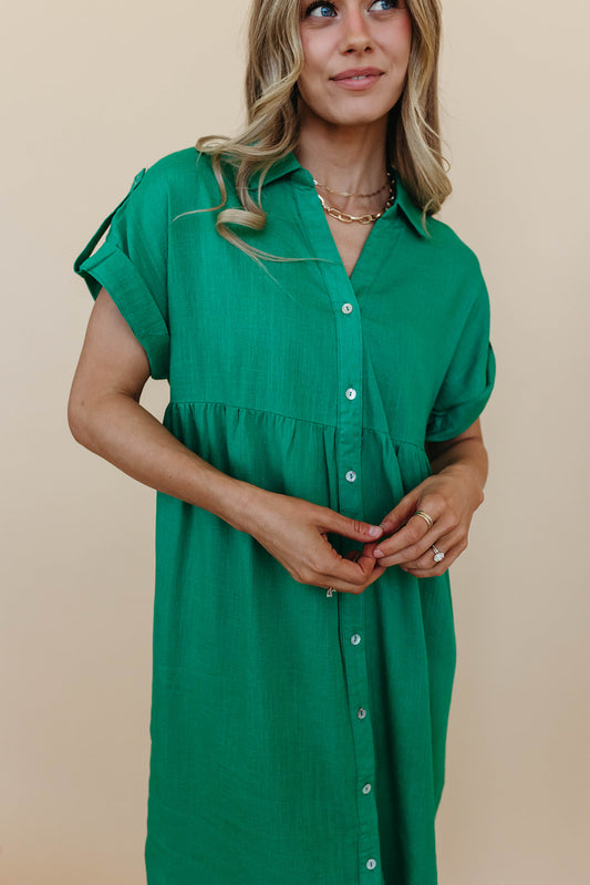 THE KEIRA BUTTON DOWN DRESS IN KELLY GREEN