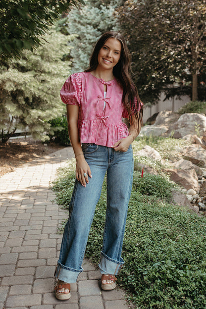 THE DARLENE GINGHAM PUFF SLEEVE BLOUSE IN RED