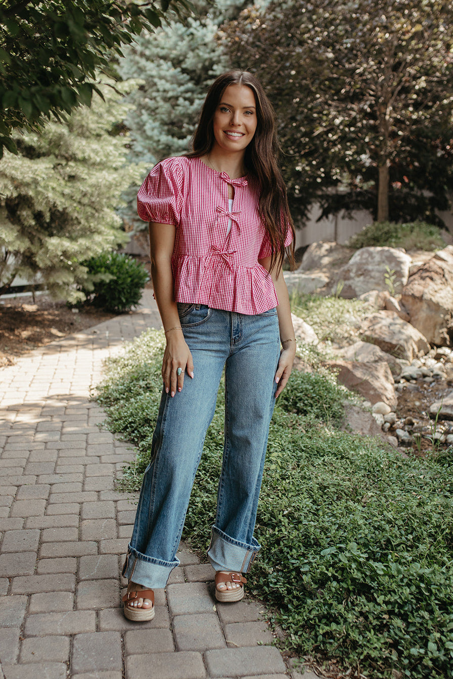 THE DARLENE GINGHAM PUFF SLEEVE BLOUSE IN RED